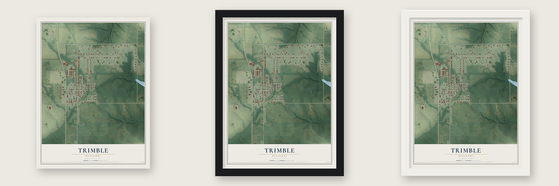 Trimble, Missouri map unframed, in a black wood frame and in a white wood frame