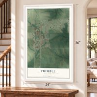 Trimble, Missouri map, 24 x 36 inch print in a white frame by a staircase