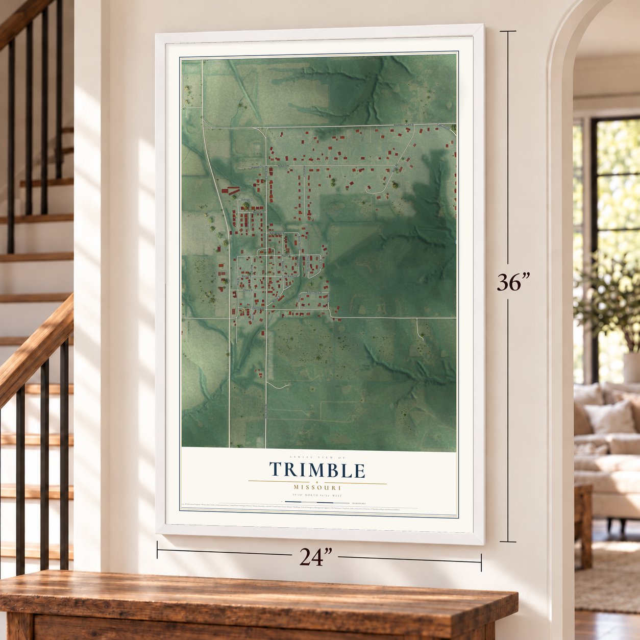 Trimble, Missouri map, 24 x 36 inch print in a white frame by a staircase