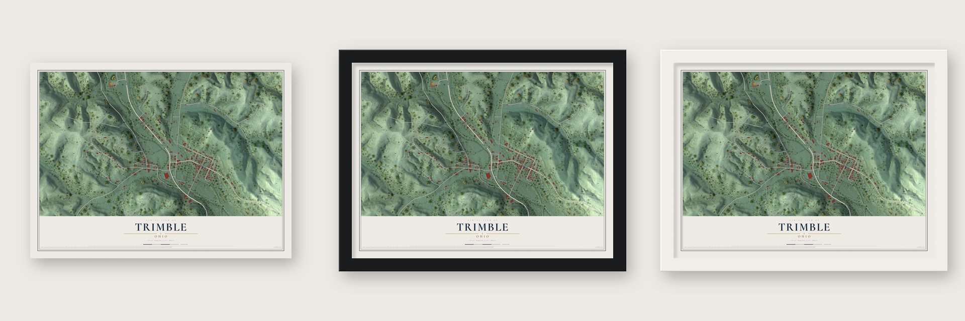 Trimble, Ohio map unframed, in a black wood frame and in a white wood frame
