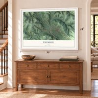 Trimble, Ohio map, 24 x 36 inch print in a white frame above a dresser by a staircase