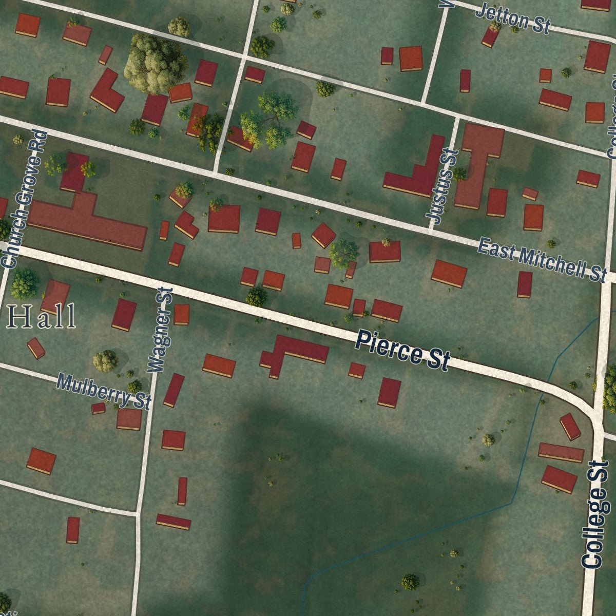 Second close-up of the map of Trimble, Tennessee print showing more streets and buildings