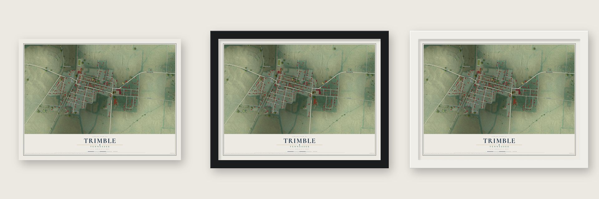 Trimble, Tennessee map unframed, in a black wood frame and in a white wood frame