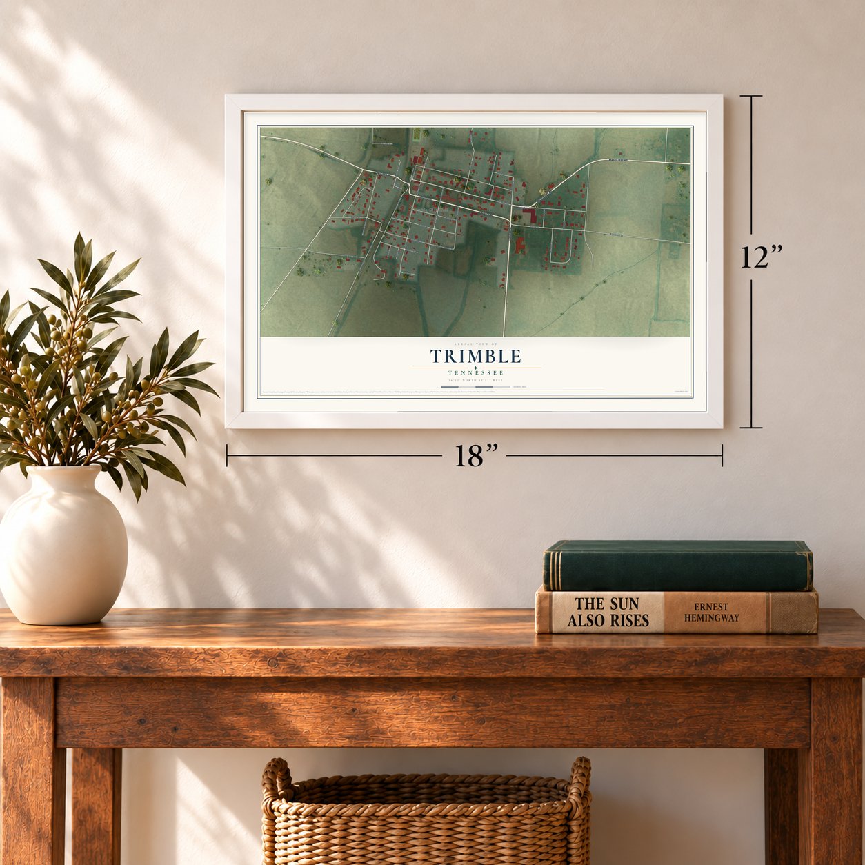 Trimble, Tennessee map, 12 x 18 inch print in a white frame in an entryway