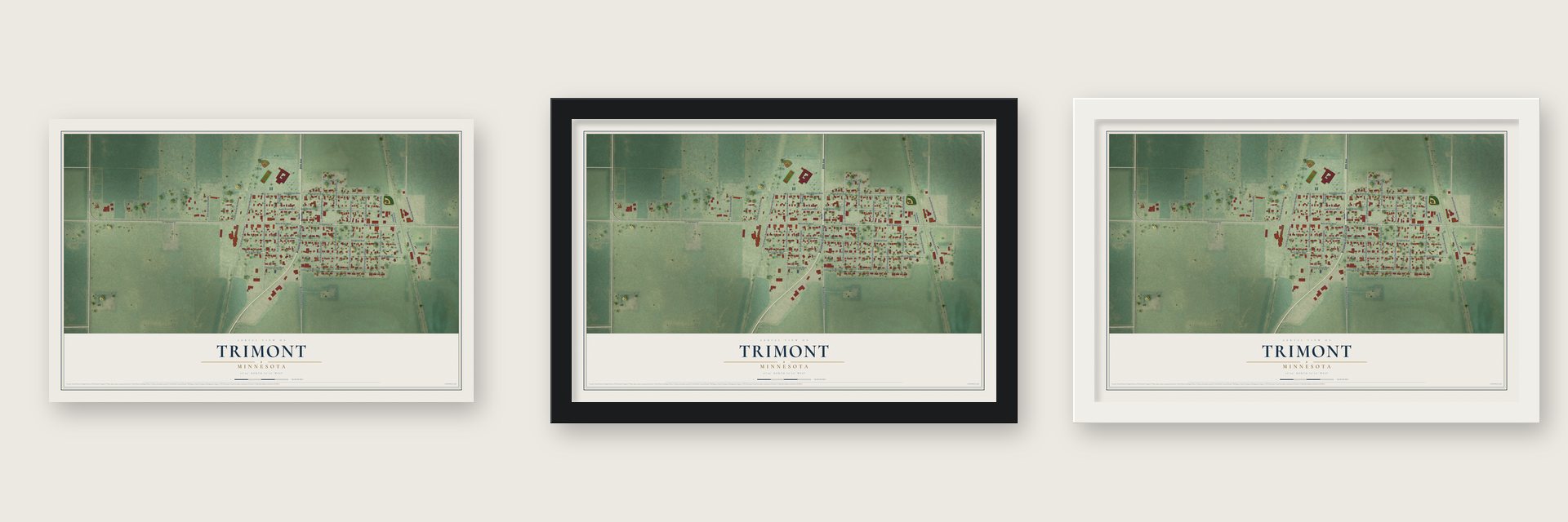 Trimont, Minnesota map unframed, in a black wood frame and in a white wood frame