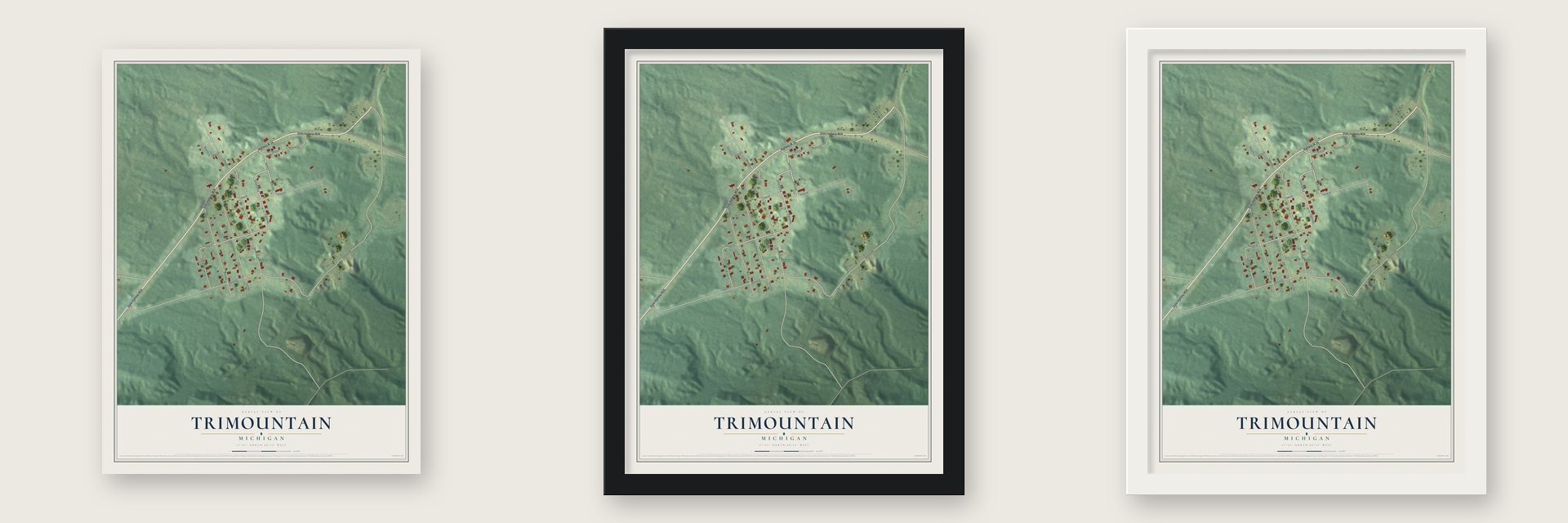Trimountain, Michigan map unframed, in a black wood frame and in a white wood frame