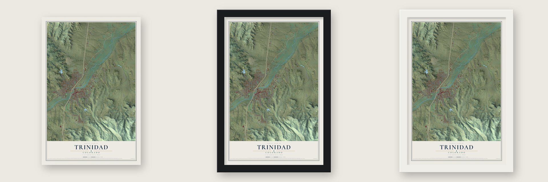 Trinidad, Colorado map unframed, in a black wood frame and in a white wood frame