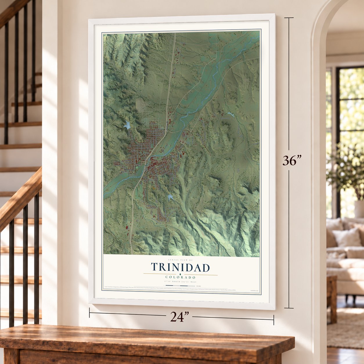 Trinidad, Colorado map, 24 x 36 inch print in a white frame by a staircase