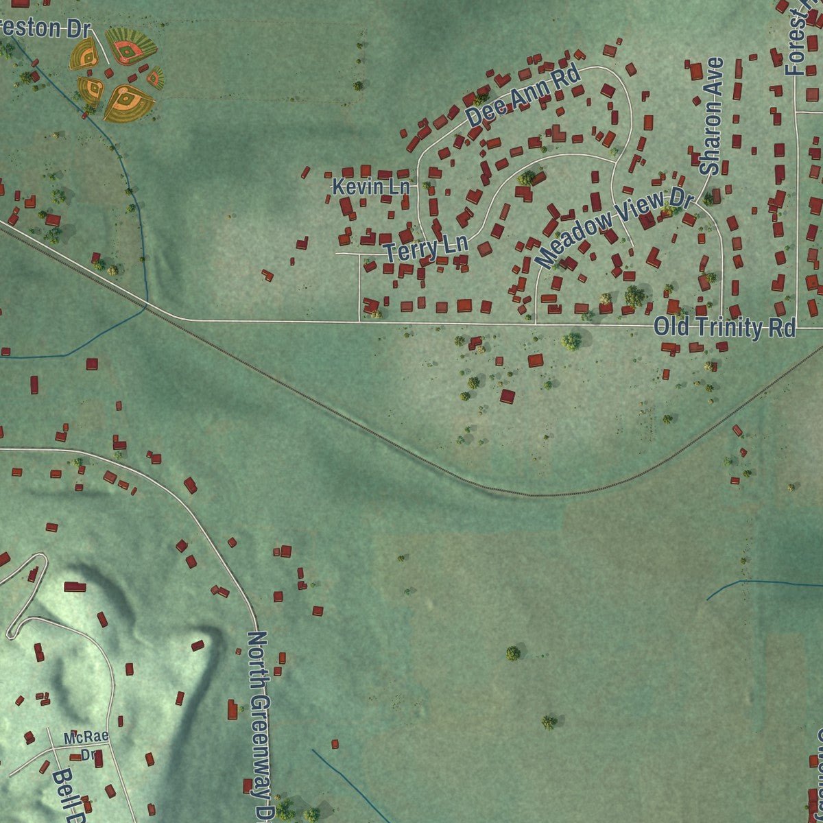 Second close-up of the map of Trinity, Alabama print showing more streets and buildings