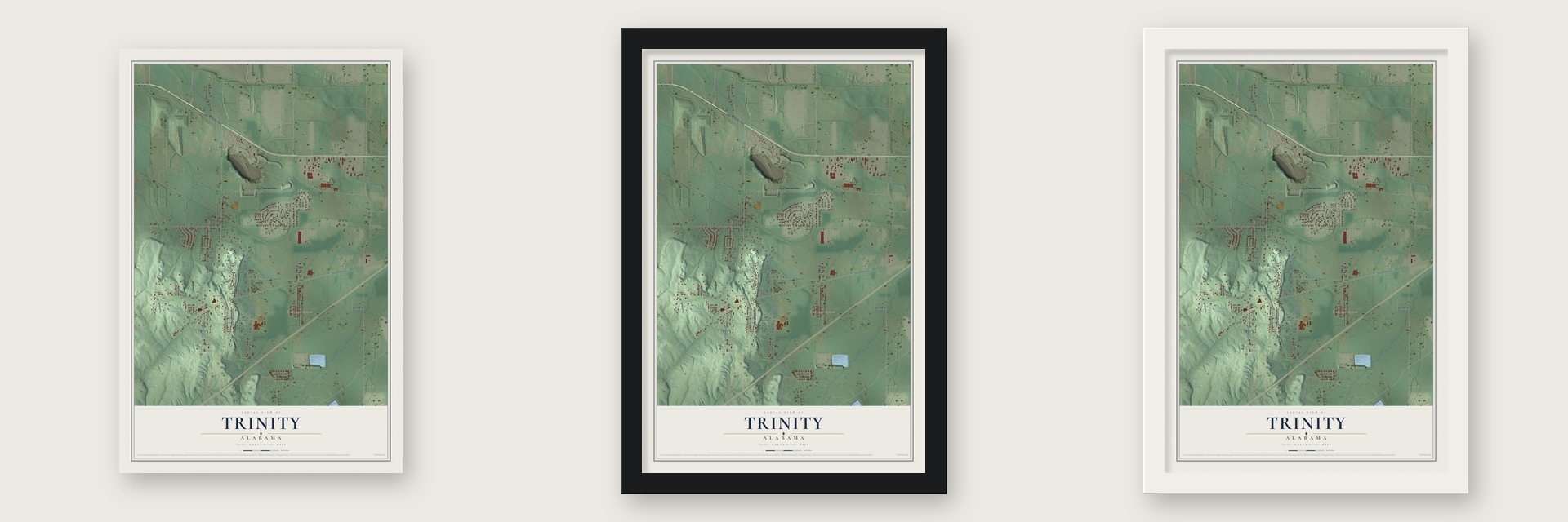 Trinity, Alabama map unframed, in a black wood frame and in a white wood frame