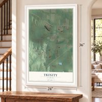 Trinity, Alabama map, 24 x 36 inch print in a white frame by a staircase