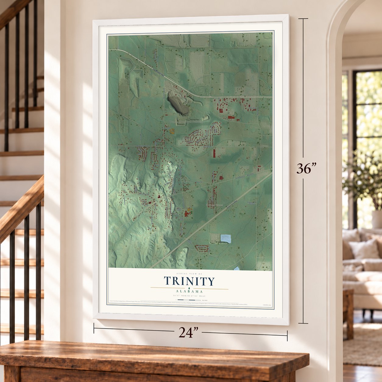 Trinity, Alabama map, 24 x 36 inch print in a white frame by a staircase