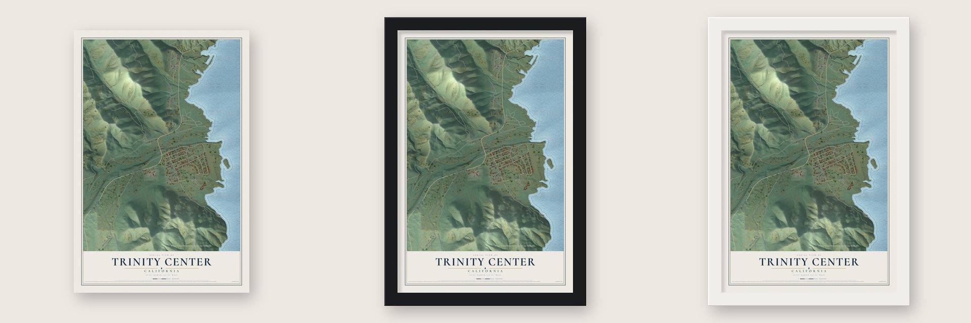 Trinity Center, California map unframed, in a black wood frame and in a white wood frame