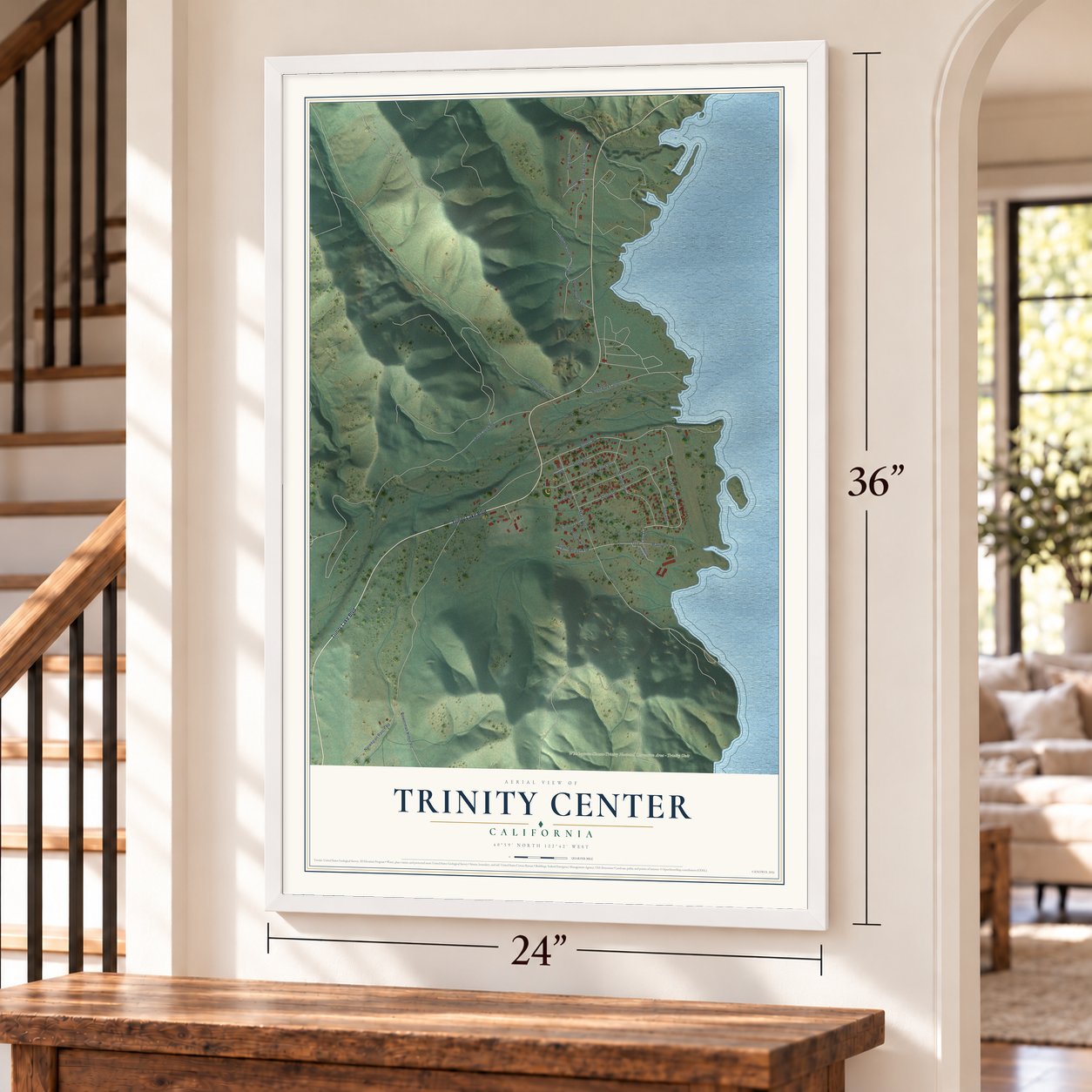 Trinity Center, California map, 24 x 36 inch print in a white frame by a staircase