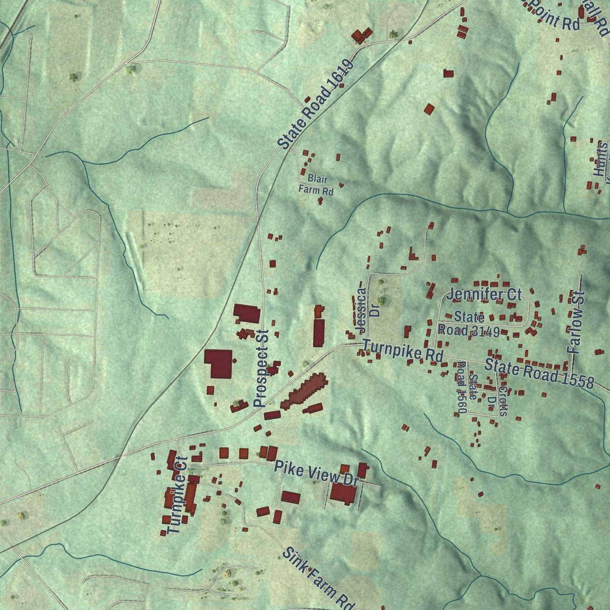 Second close-up of the map of Trinity, North Carolina print showing more streets and buildings