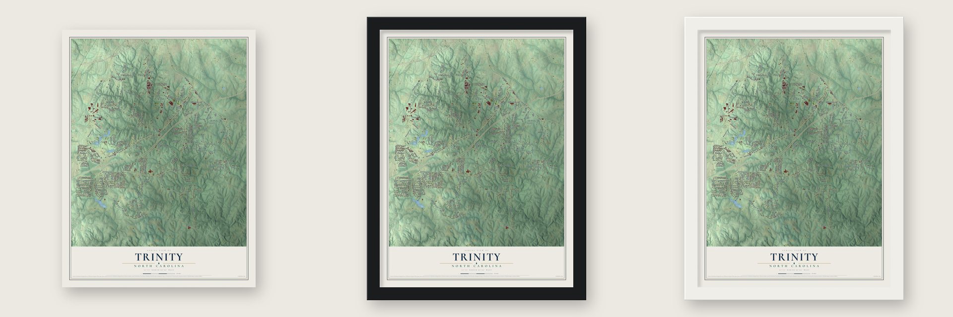Trinity, North Carolina map unframed, in a black wood frame and in a white wood frame
