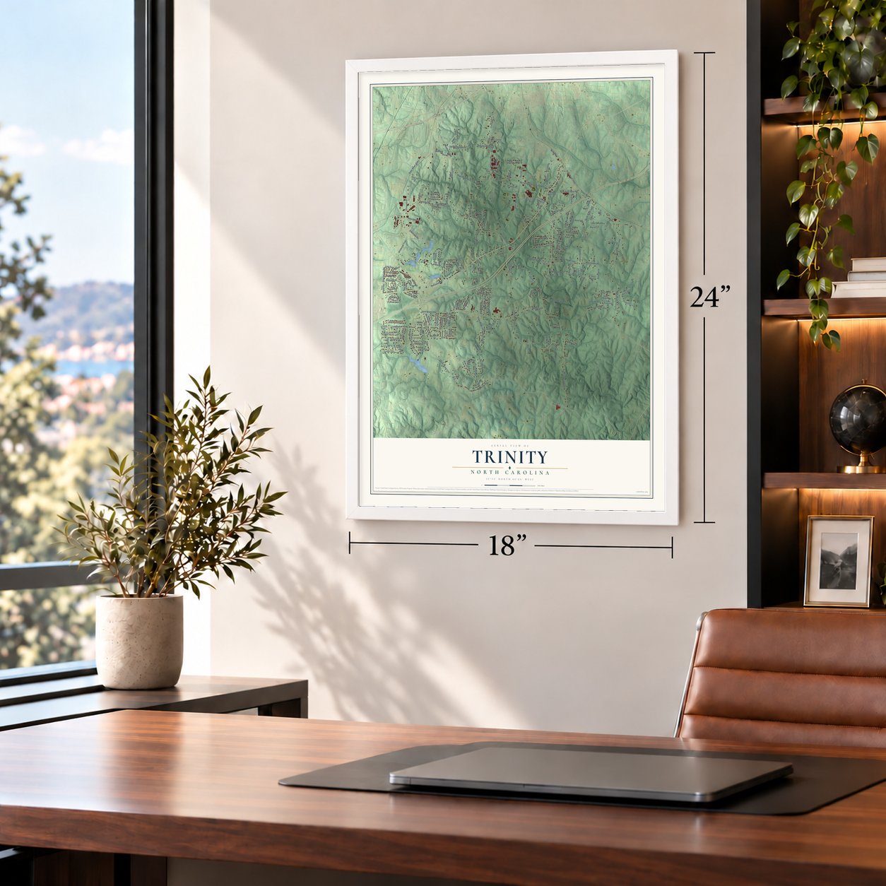 Trinity, North Carolina map, 18 x 24 inch print in a white frame in a home office