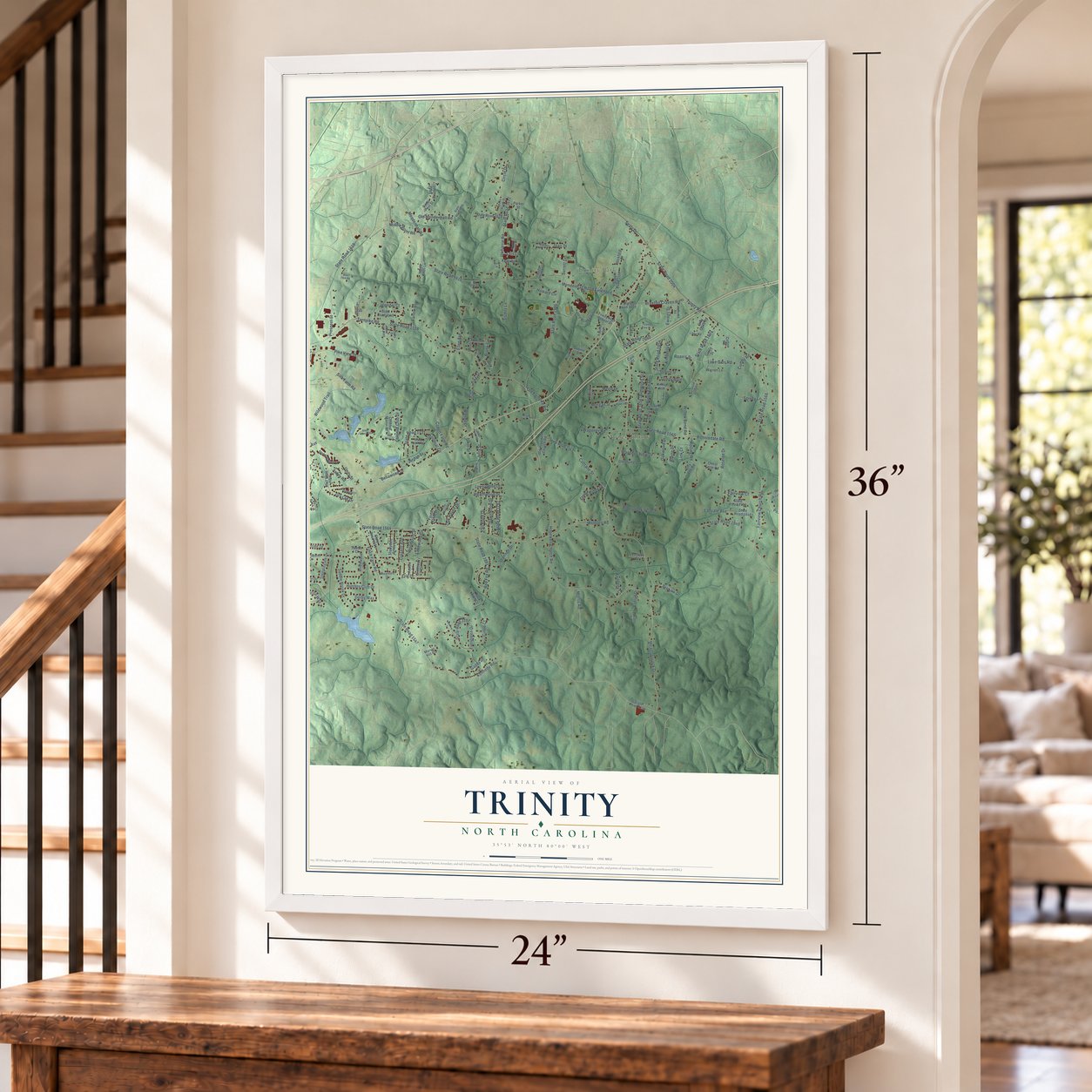 Trinity, North Carolina map, 24 x 36 inch print in a white frame by a staircase