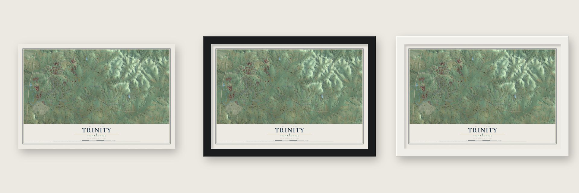 Trinity, Tennessee map unframed, in a black wood frame and in a white wood frame