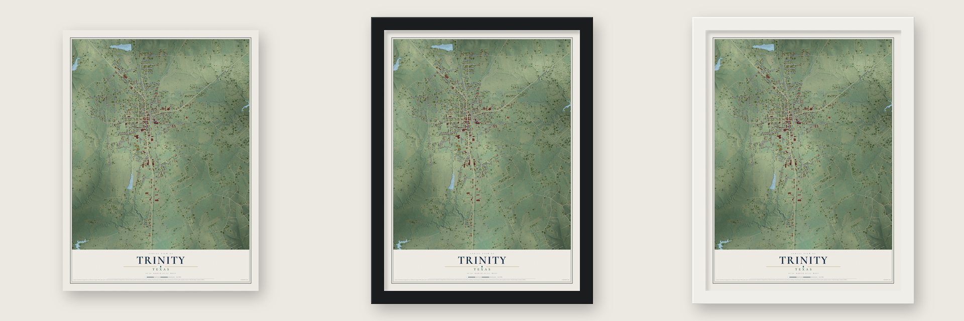 Trinity, Texas map unframed, in a black wood frame and in a white wood frame