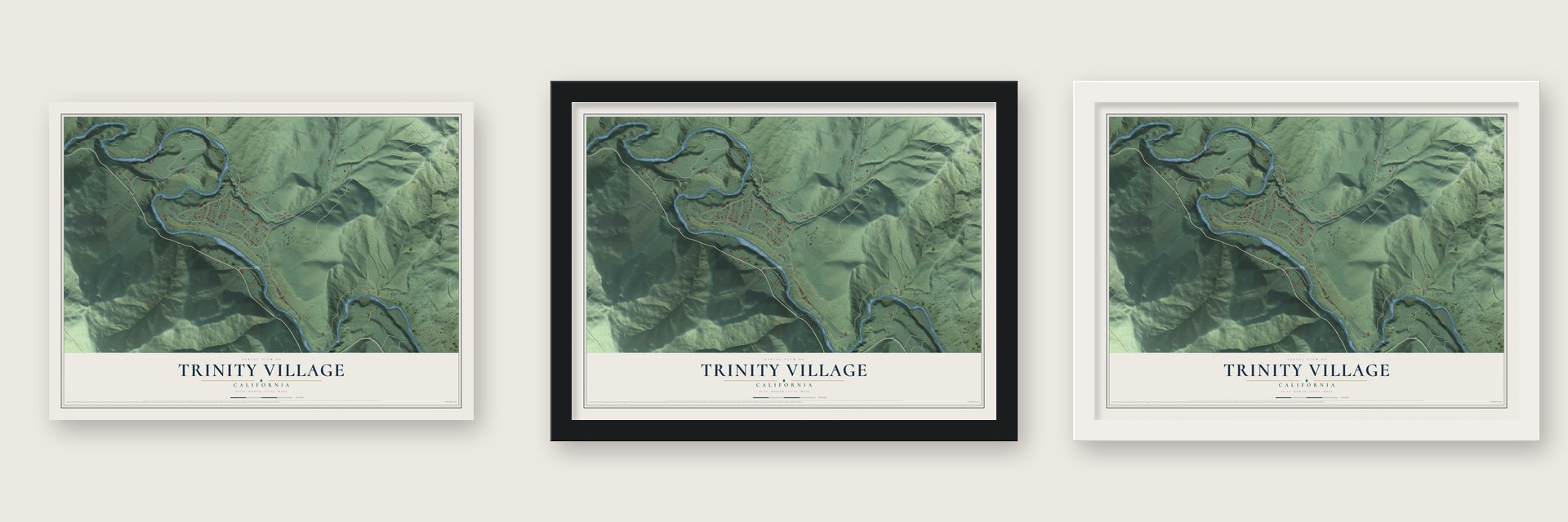 Trinity Village, California map unframed, in a black wood frame and in a white wood frame