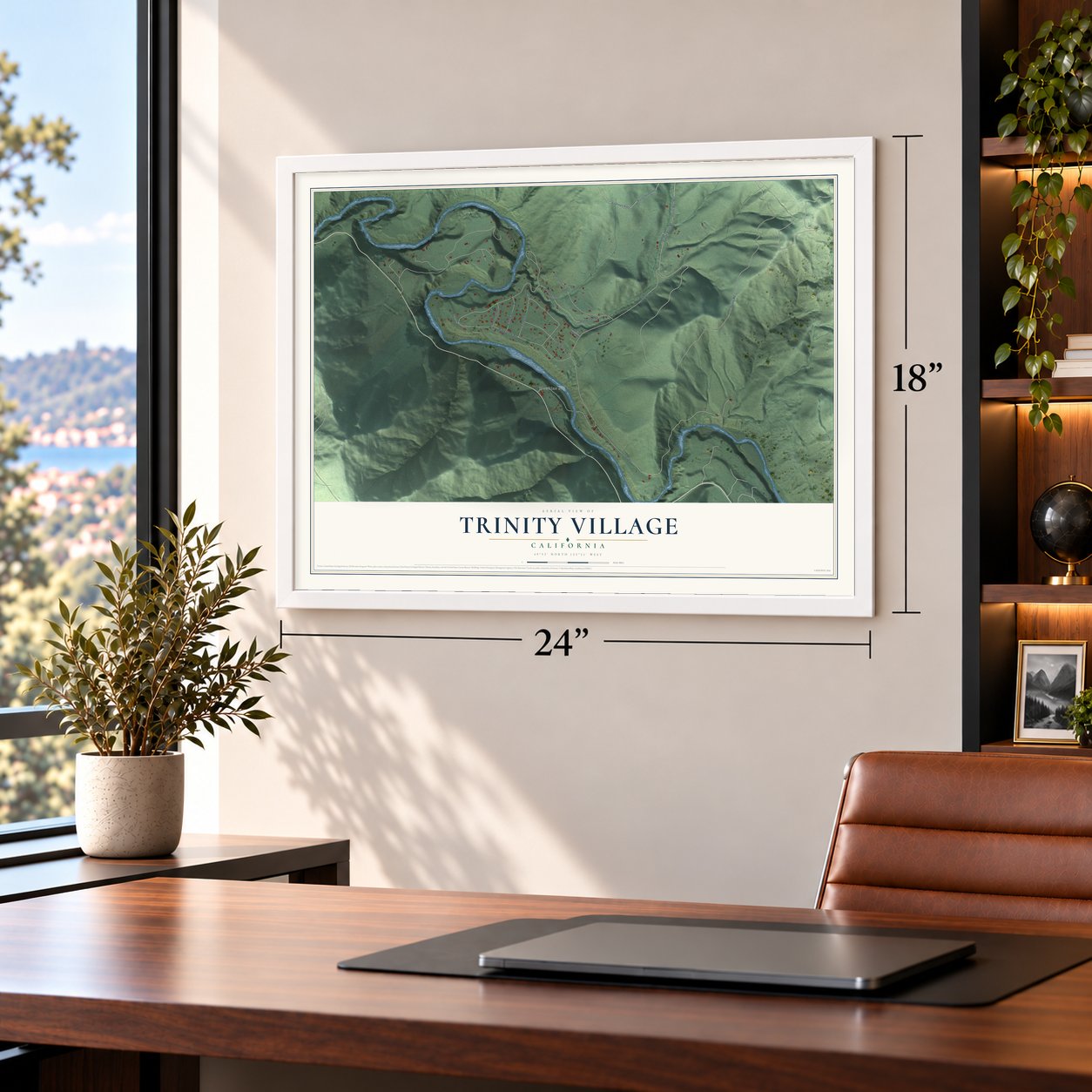 Trinity Village, California map, 18 x 24 inch print in a white frame in a home office