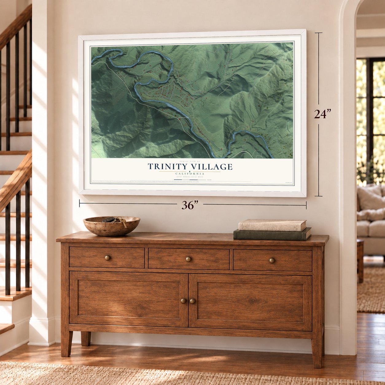 Trinity Village, California map, 24 x 36 inch print in a white frame above a dresser by a staircase