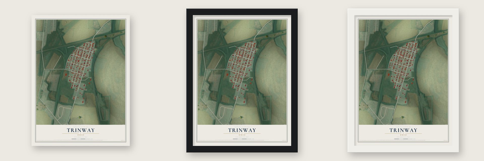 Trinway, Ohio map unframed, in a black wood frame and in a white wood frame