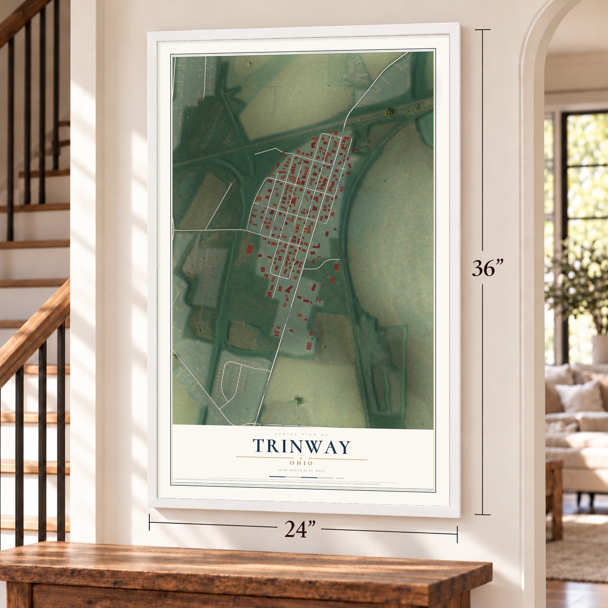 Trinway, Ohio map, 24 x 36 inch print in a white frame by a staircase