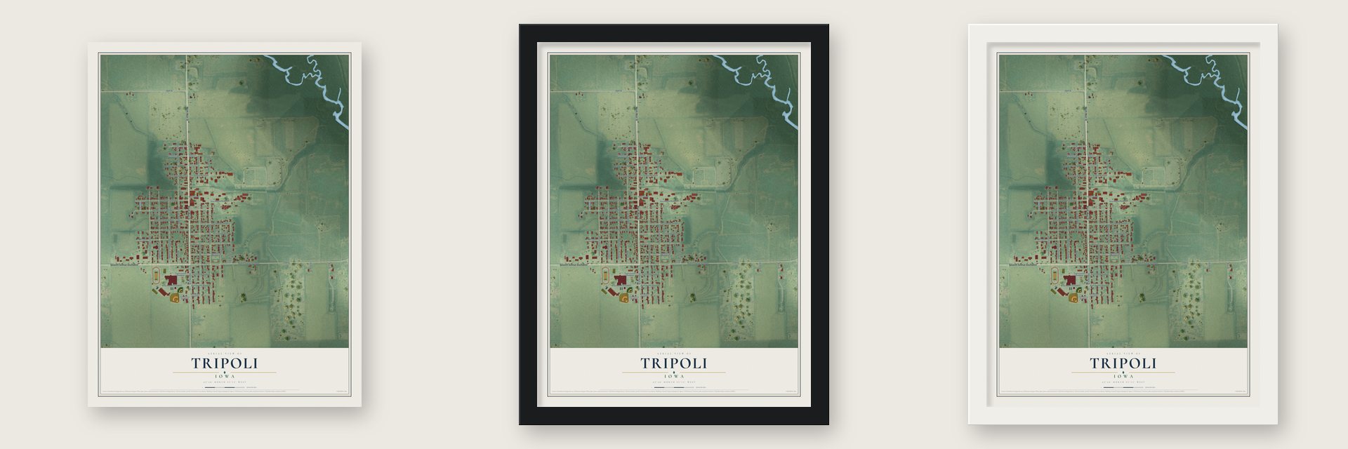 Tripoli, Iowa map unframed, in a black wood frame and in a white wood frame