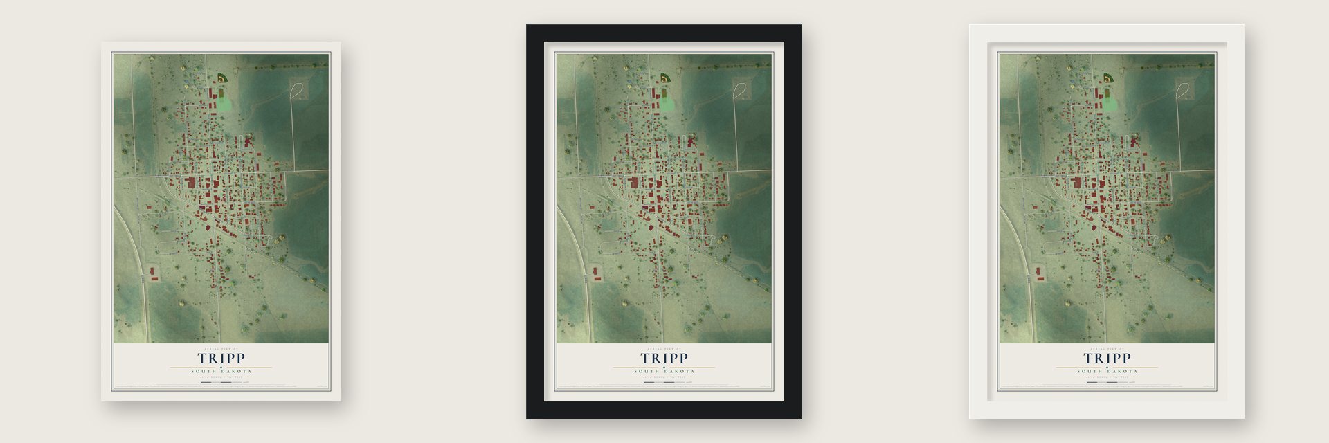 Tripp, South Dakota map unframed, in a black wood frame and in a white wood frame