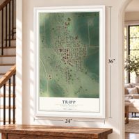 Tripp, South Dakota map, 24 x 36 inch print in a white frame by a staircase