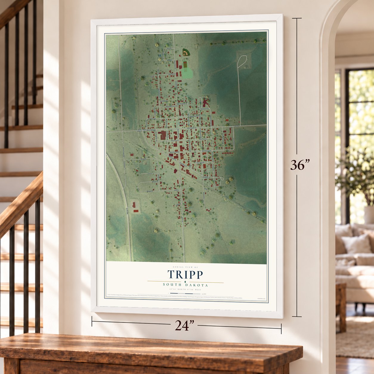 Tripp, South Dakota map, 24 x 36 inch print in a white frame by a staircase