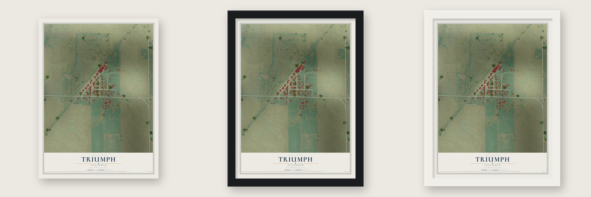 Triumph, Illinois map unframed, in a black wood frame and in a white wood frame