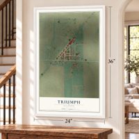 Triumph, Illinois map, 24 x 36 inch print in a white frame by a staircase