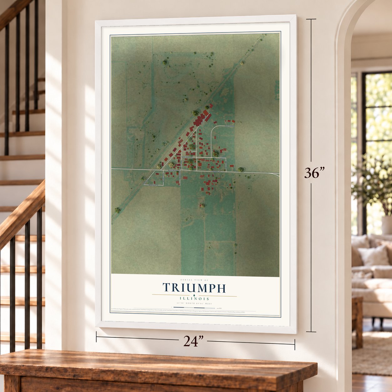 Triumph, Illinois map, 24 x 36 inch print in a white frame by a staircase