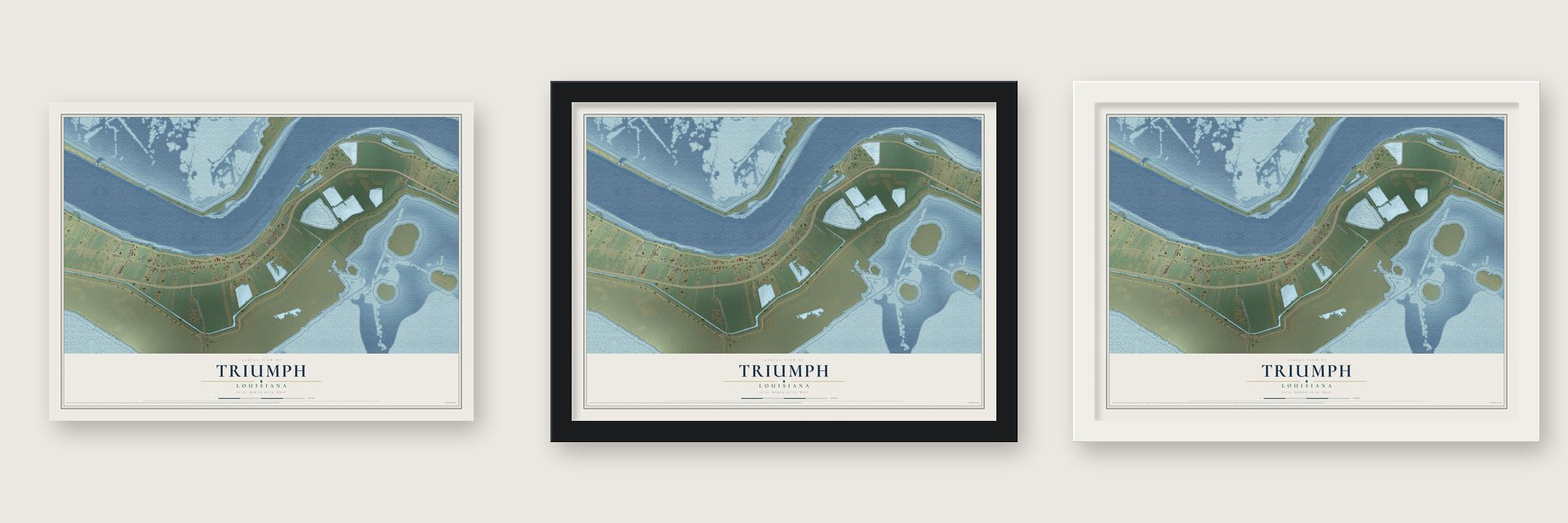 Triumph, Louisiana map unframed, in a black wood frame and in a white wood frame