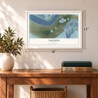 Triumph, Louisiana map, 12 x 18 inch print in a white frame in an entryway