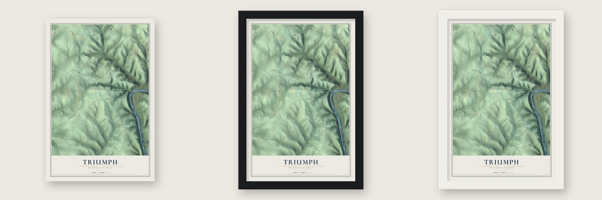 Triumph, Pennsylvania map unframed, in a black wood frame and in a white wood frame