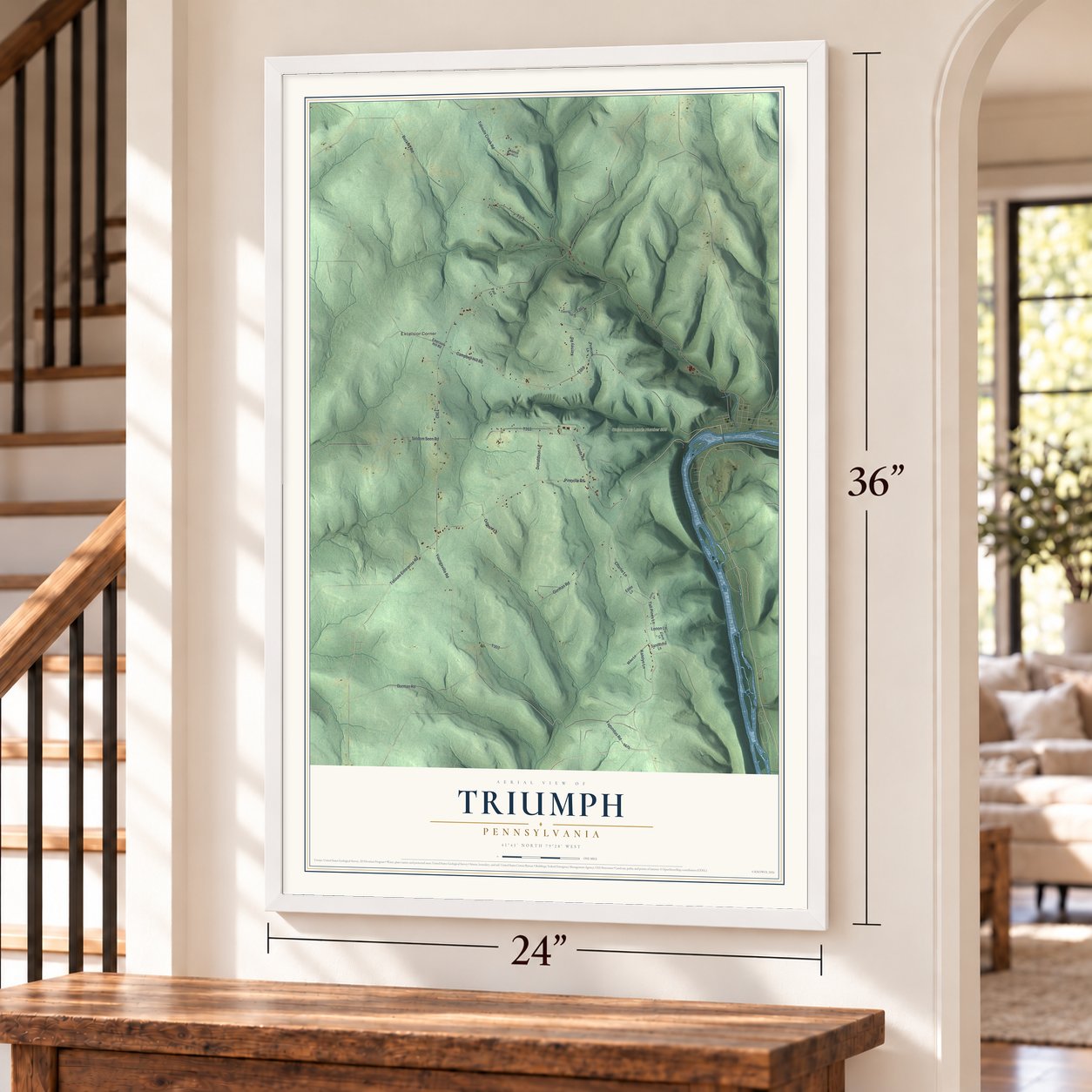 Triumph, Pennsylvania map, 24 x 36 inch print in a white frame by a staircase