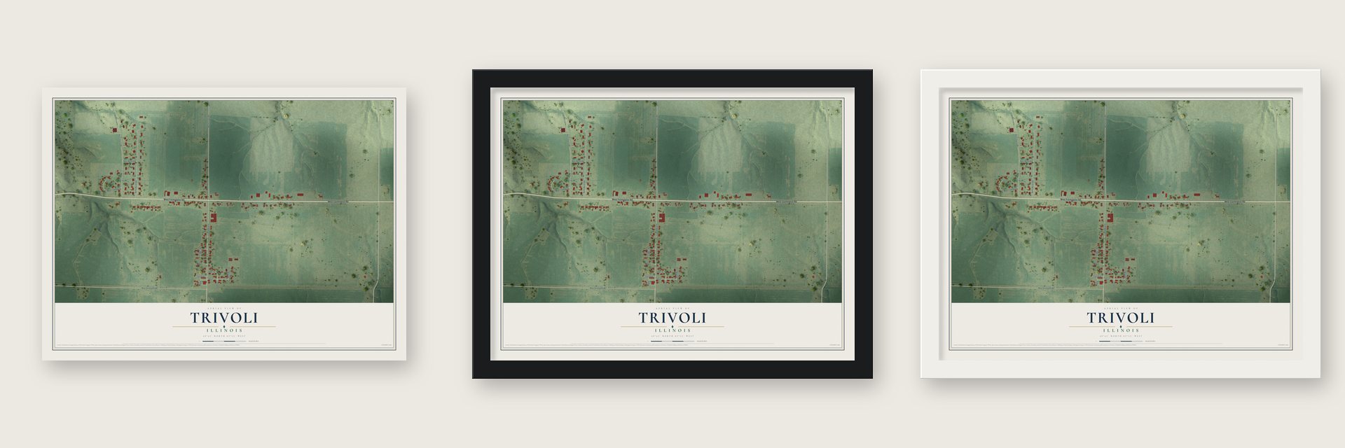 Trivoli, Illinois map unframed, in a black wood frame and in a white wood frame