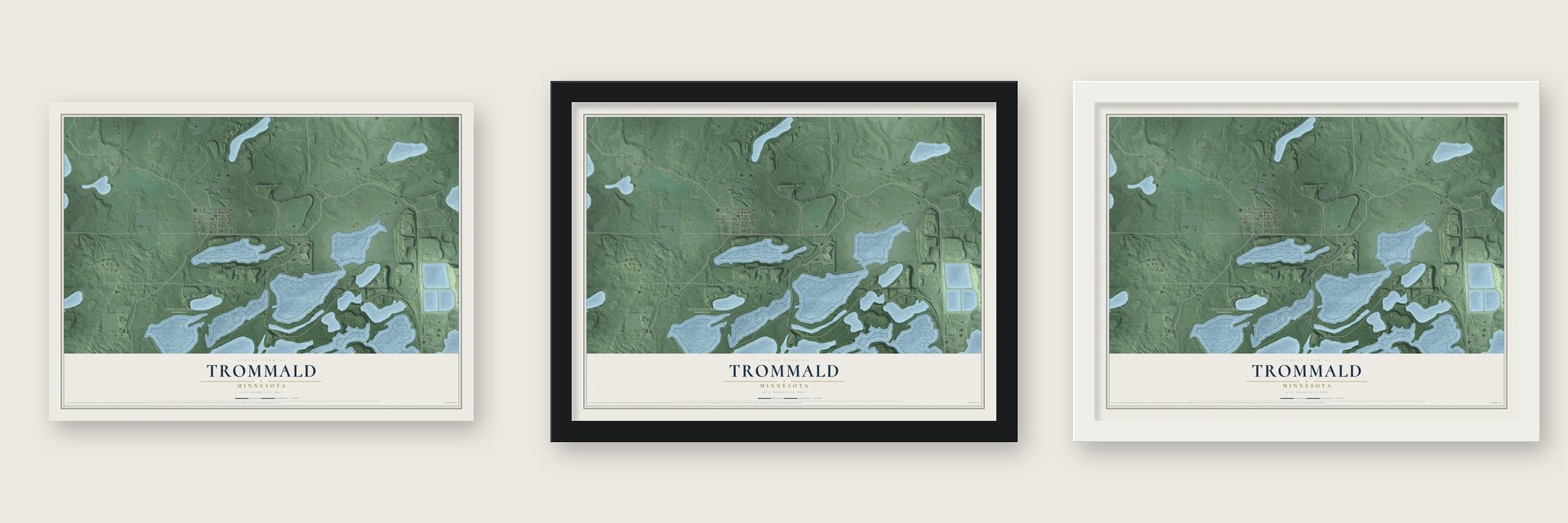 Trommald, Minnesota map unframed, in a black wood frame and in a white wood frame