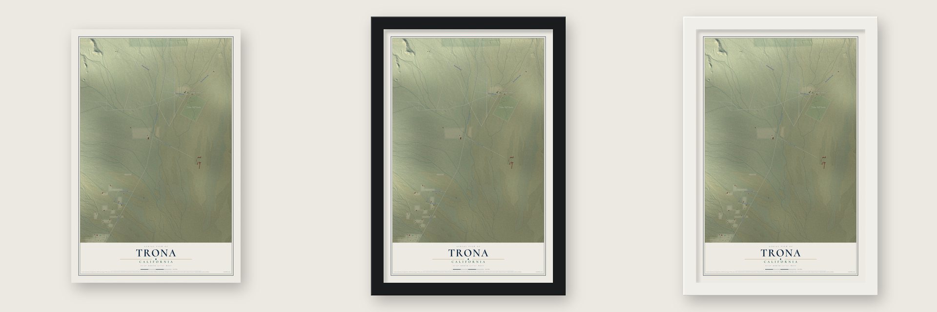 Trona, California map unframed, in a black wood frame and in a white wood frame