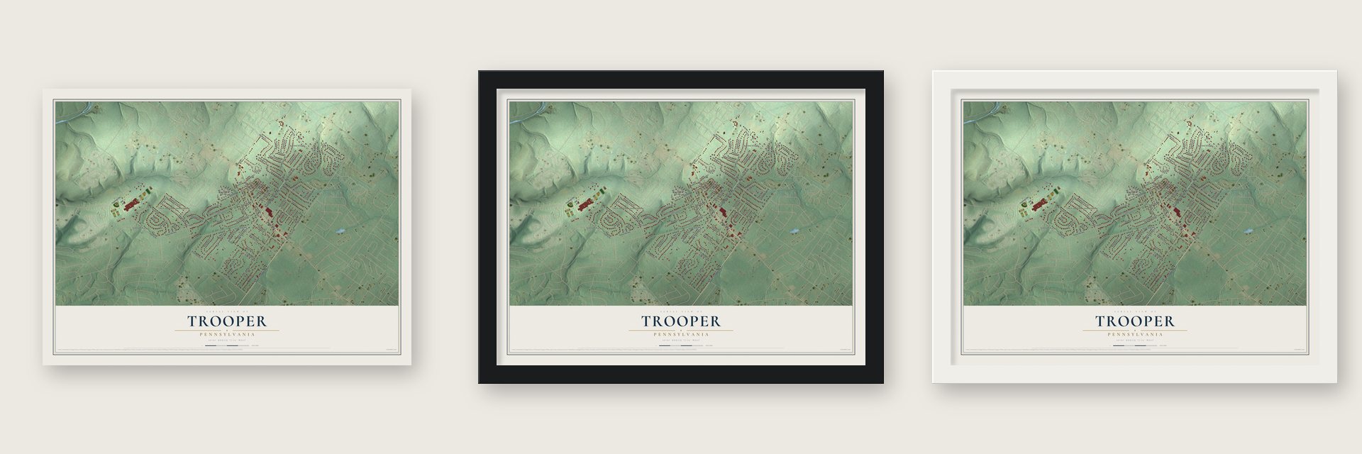Trooper, Pennsylvania map unframed, in a black wood frame and in a white wood frame