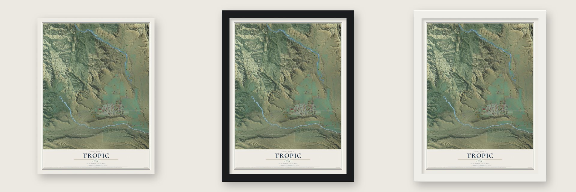 Tropic, Utah map unframed, in a black wood frame and in a white wood frame