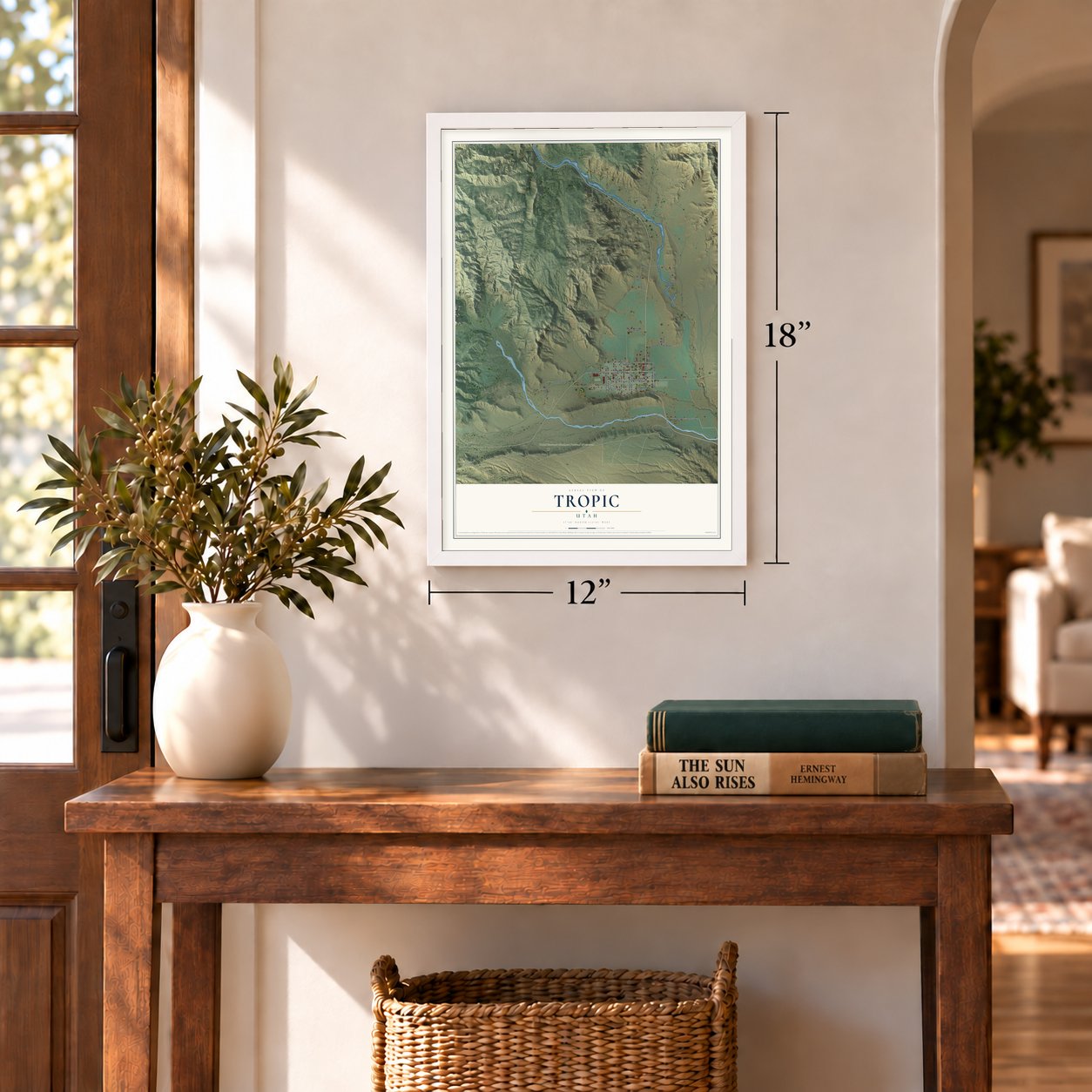 Tropic, Utah map, 12 x 18 inch print in a white frame in an entryway