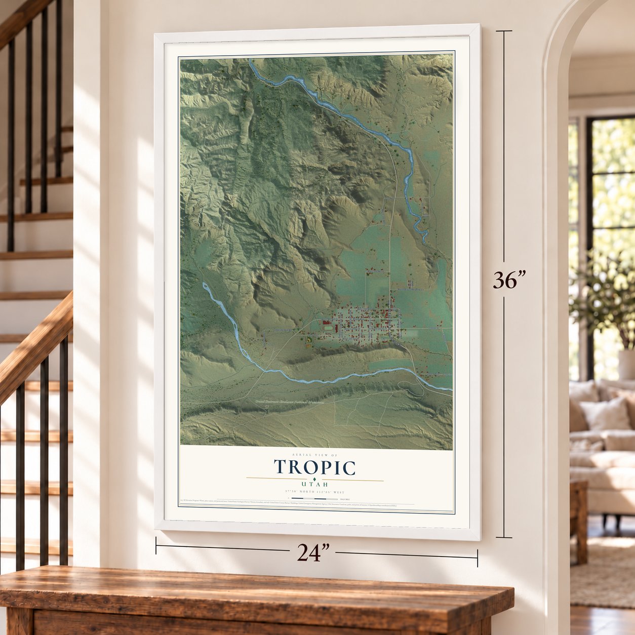 Tropic, Utah map, 24 x 36 inch print in a white frame by a staircase