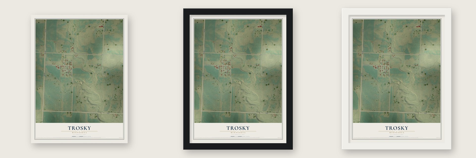 Trosky, Minnesota map unframed, in a black wood frame and in a white wood frame
