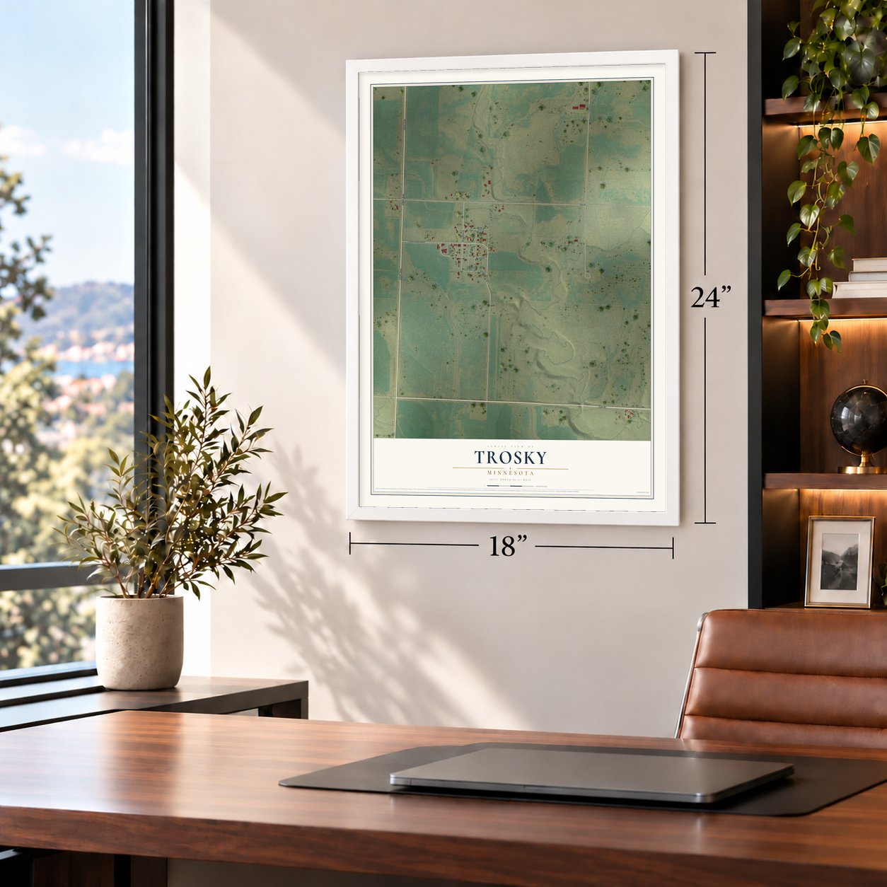 Trosky, Minnesota map, 18 x 24 inch print in a white frame in a home office