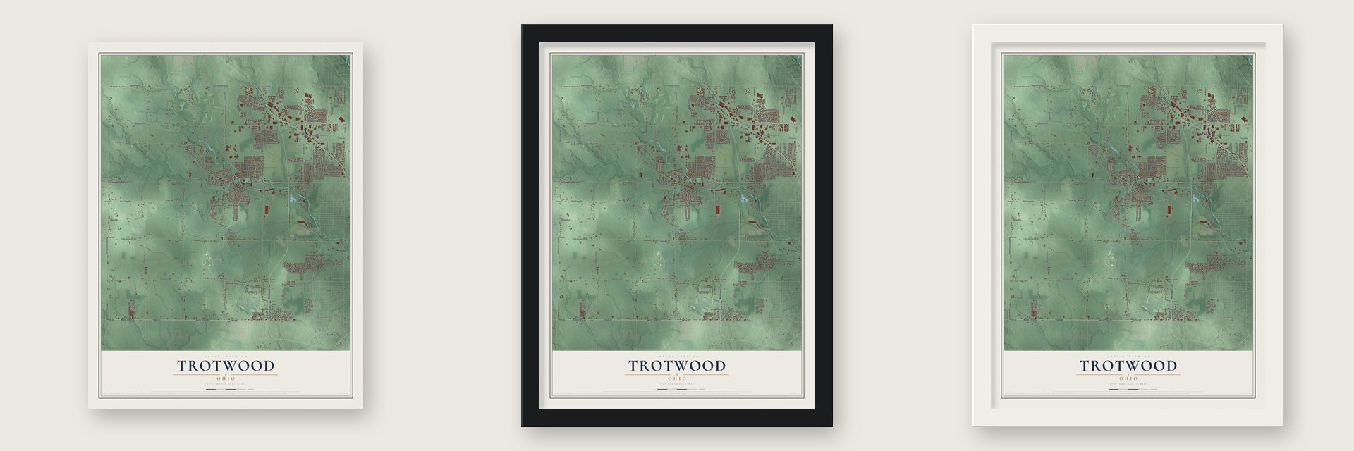 Trotwood, Ohio map unframed, in a black wood frame and in a white wood frame